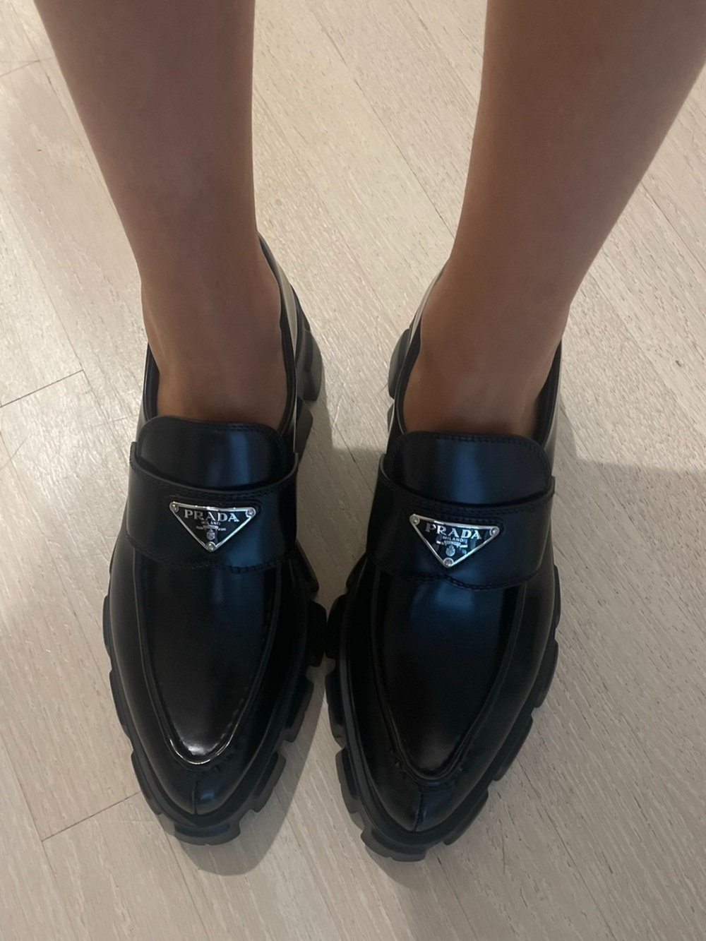 Prada Women's Black Leather Monolith pointy toe Lug-Sole Loafers